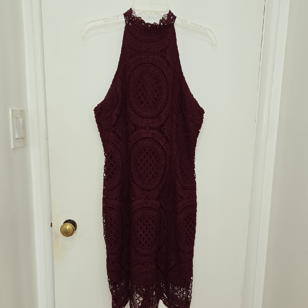 Charlotte Russe Burgundy Crochet Lace Formal  Whimsigoth High Halter Neck Dress
